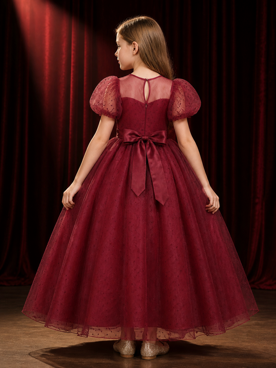 Girls' Maroon Princess Dress with Bubble Sleeves and Rose Waist Detail back view