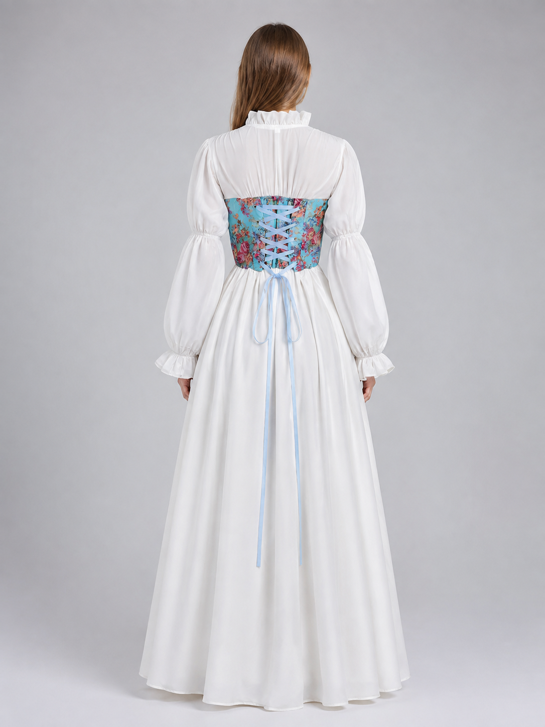 Long Dress with Corset-Style Bodice and Full Sleeves back view