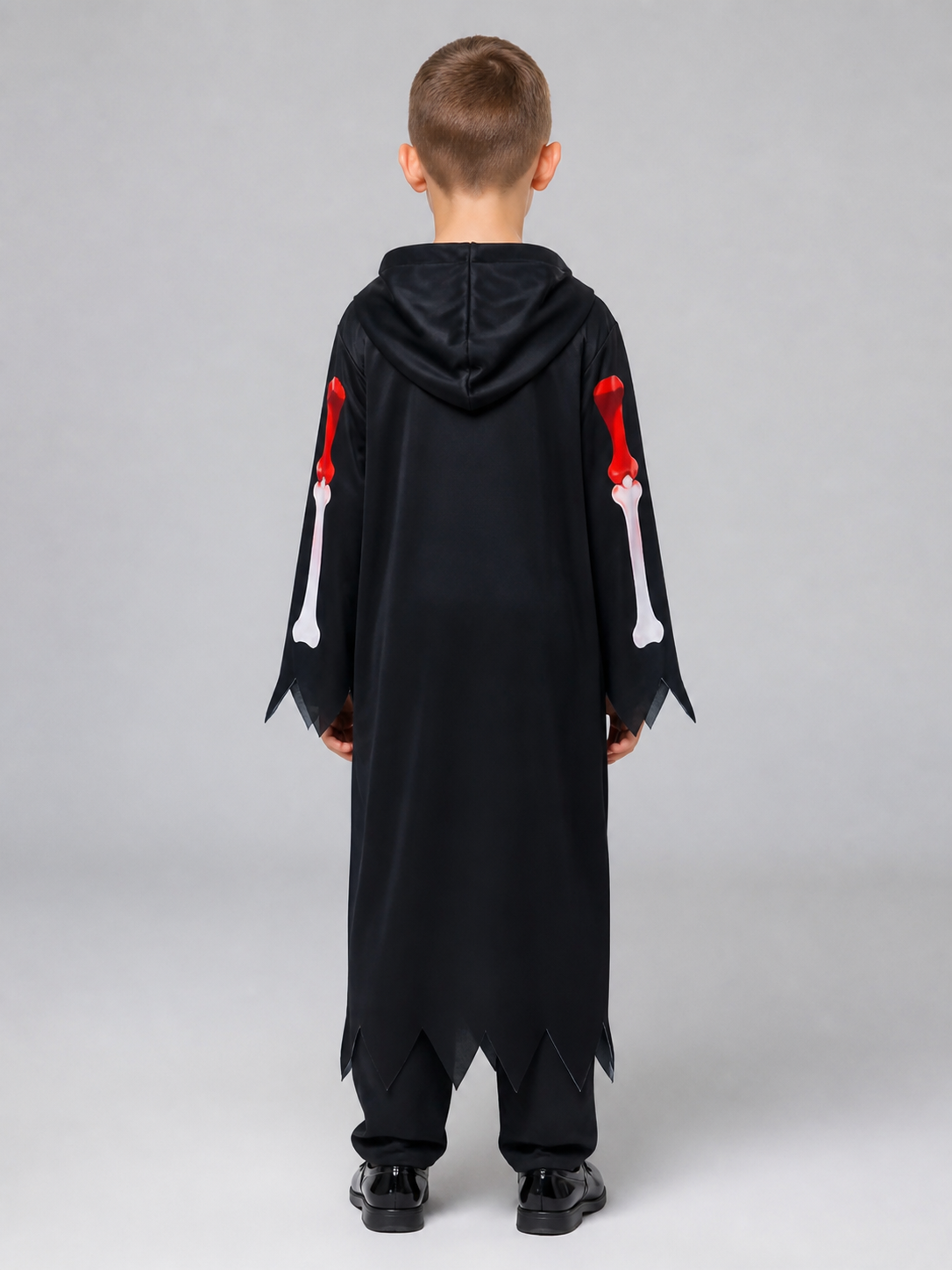 Children’s Grim Reaper Costume with Hood and Skeleton Print back view