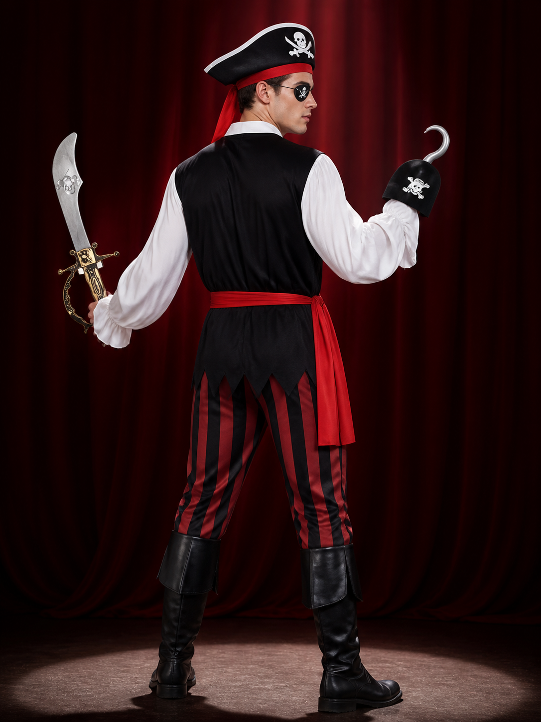 Halloween Pirate Costume Accessory Set - Skull Hat, Eyepatch, Hook & Sword back view