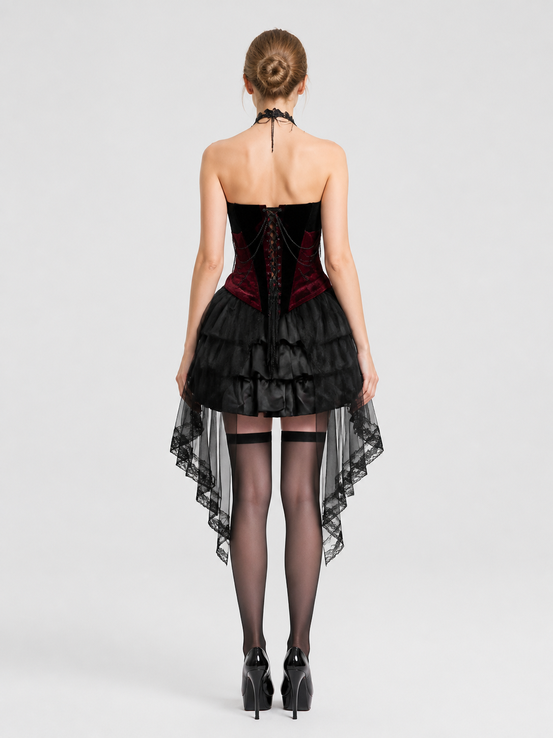 Gothic Black-and-Red Halloween Costume Dress back view