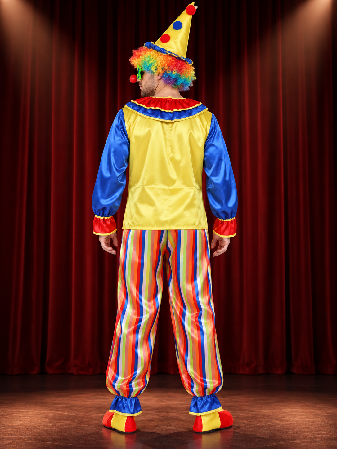 Clown Costume with Yellow Top, Pants, and Polka-Dot Hat