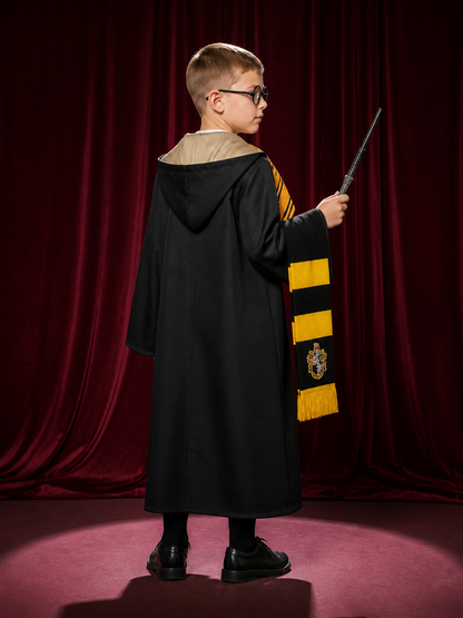 Wizard School Robe Costume Set, Chest Badge, Hooded Collar, Yellow Black Tie & back view