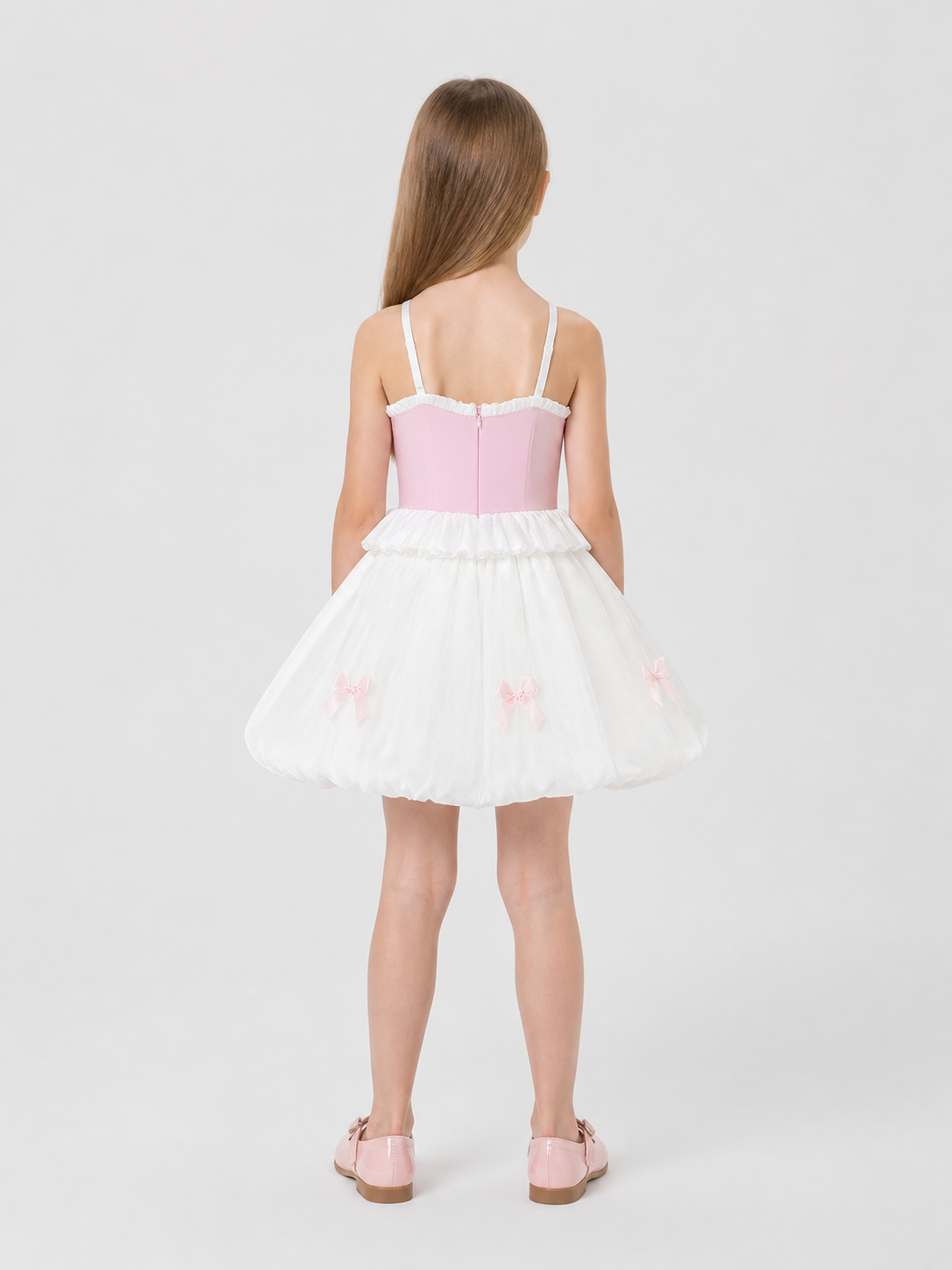 Pink and White Princess Dress for Girls with Bows back view