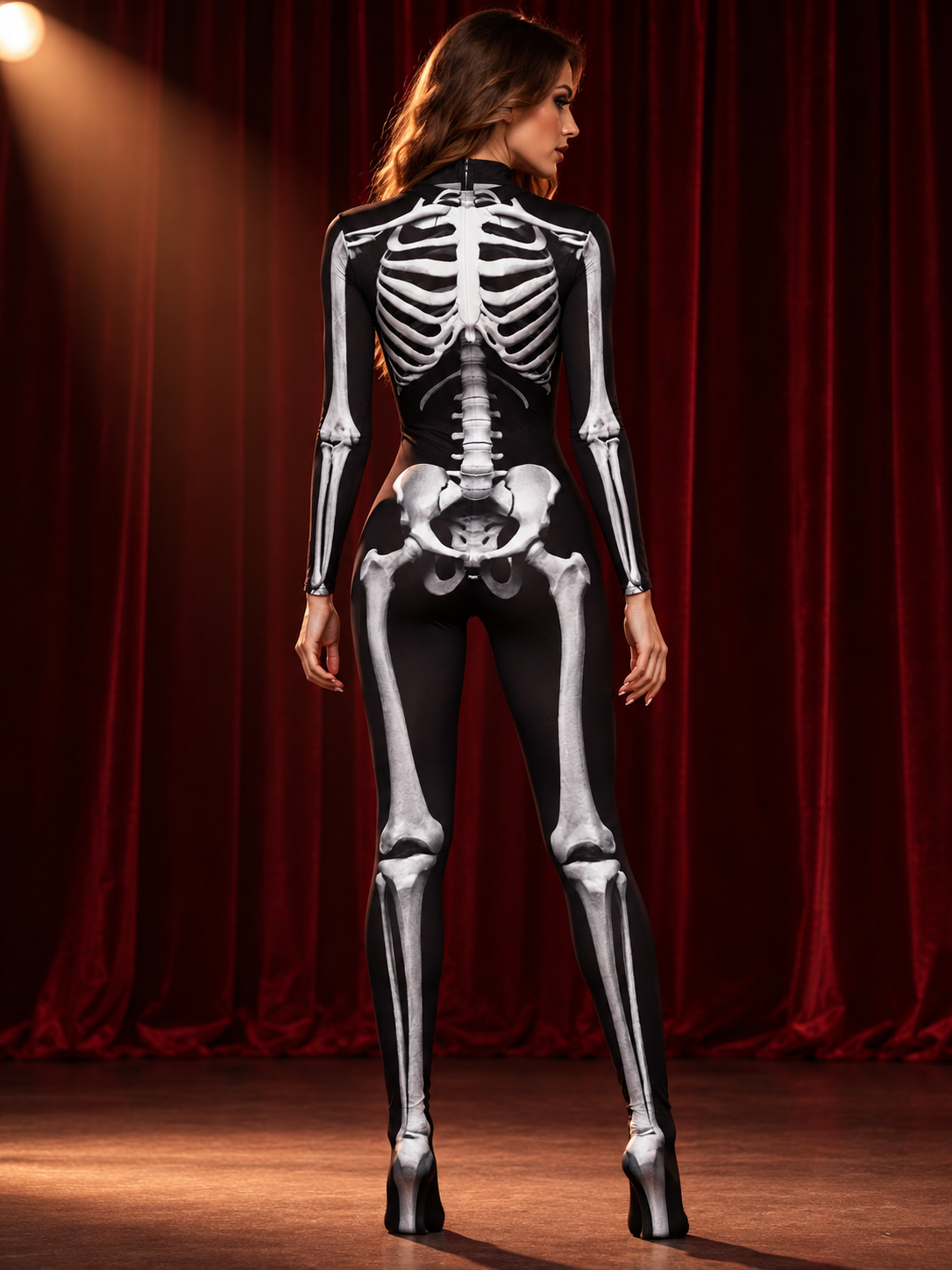 Black and White Skeleton Jumpsuit Costume with Print and Zipper