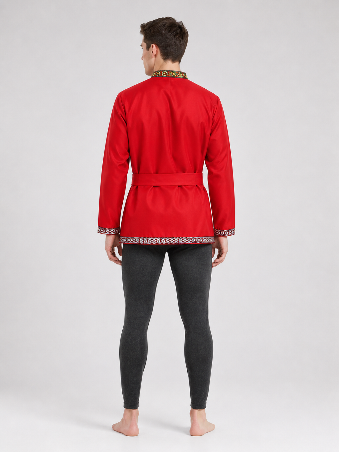 Embroidered Tunic with Stand Collar and Belt