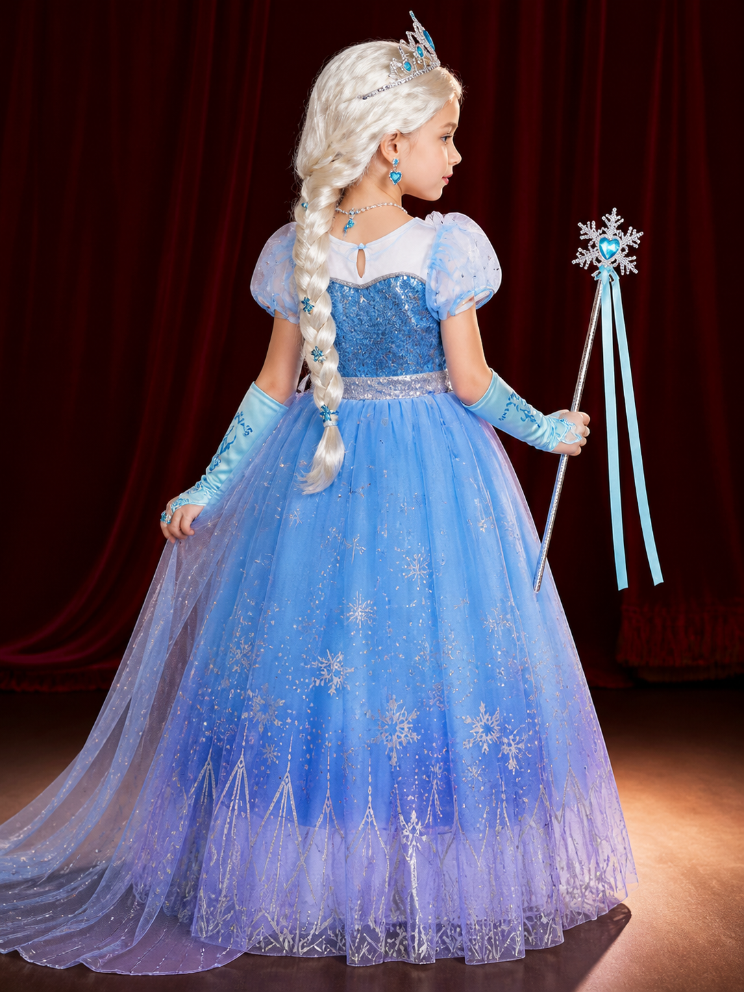 Girls Snow Queen Blue Sequined Puffy Gown Costume Set With Wig And Crown For back view
