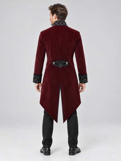 Burgundy Suede Tailcoat with Black Embroidery