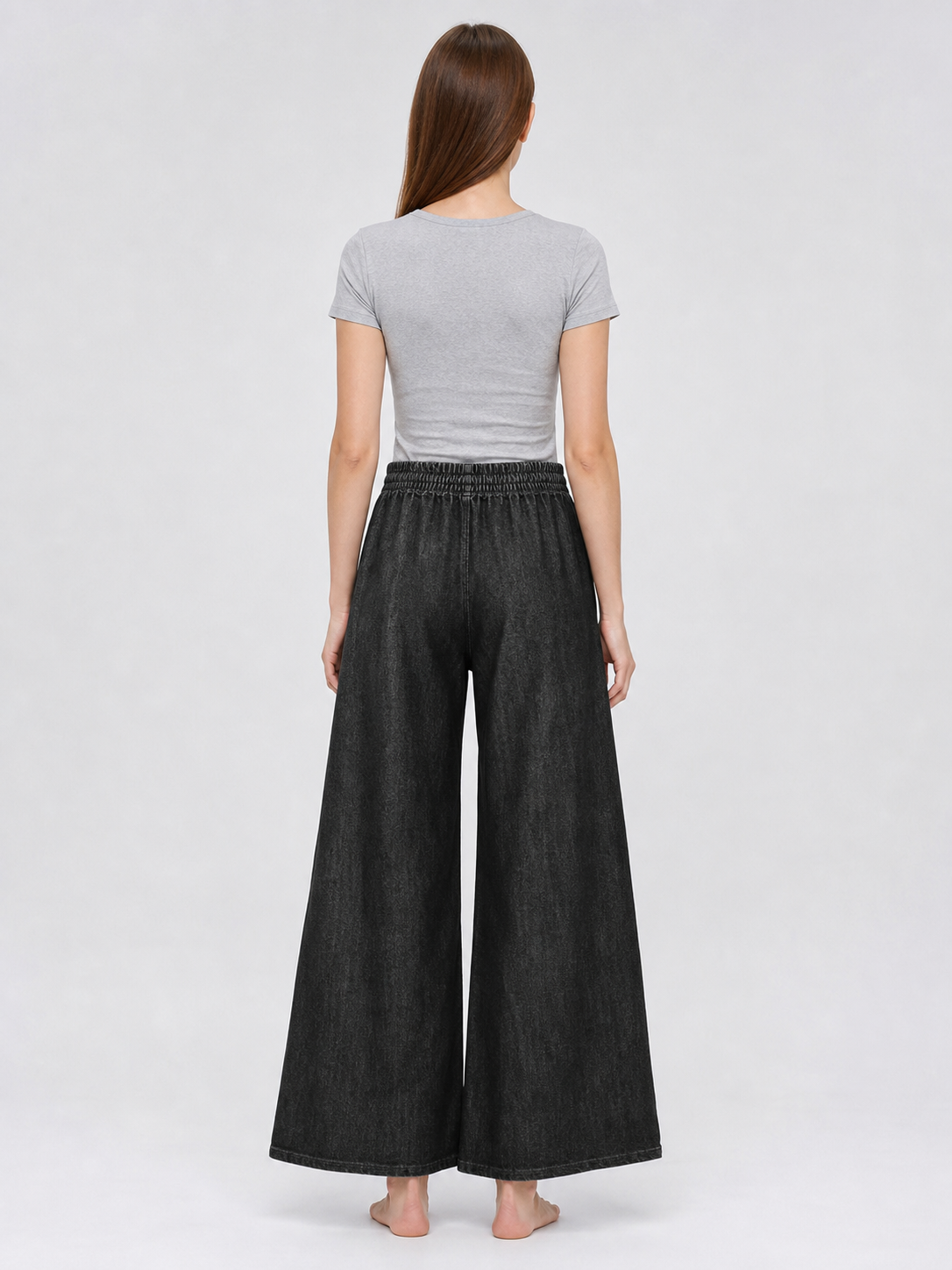Solid Black Wide-Leg Pants with Elastic Waist and Contrast White Drawstrings back view 7