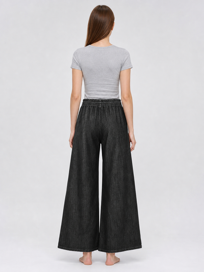 Solid Black Wide-Leg Pants with Elastic Waist and Contrast White Drawstrings back view 7