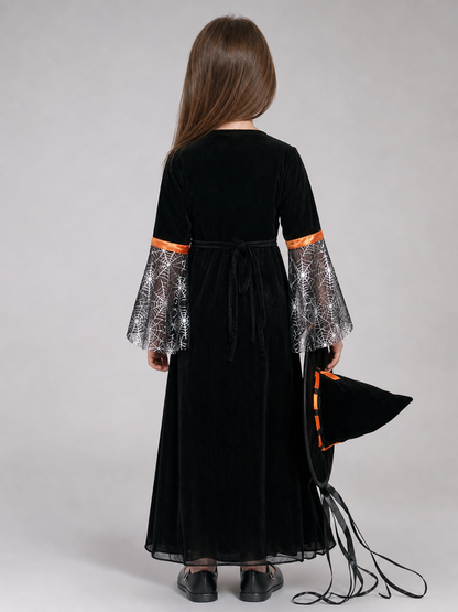 Witch-style costume set featuring a long black dress with long sleeves, a wide flared bottom, and a black pointed hat. The design uses orange, silver, and black colors. The center front of the dress features an orange decorative element, an