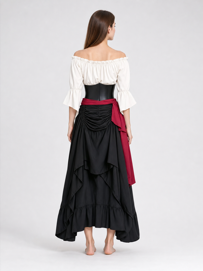 The outfit includes a white off-the-shoulder blouse with a front tie and elbow-length flared sleeves, a black lace-up corset with metal-look grommets, and a black tiered skirt with an asymmetrical hem and gathered draping. The contrast betw