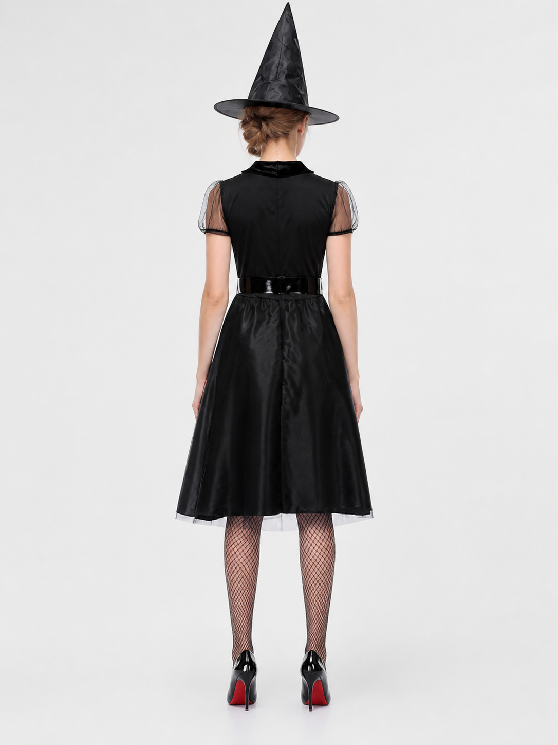 Halloween Witch Costume, Black Dress, Hat, and Belt back view