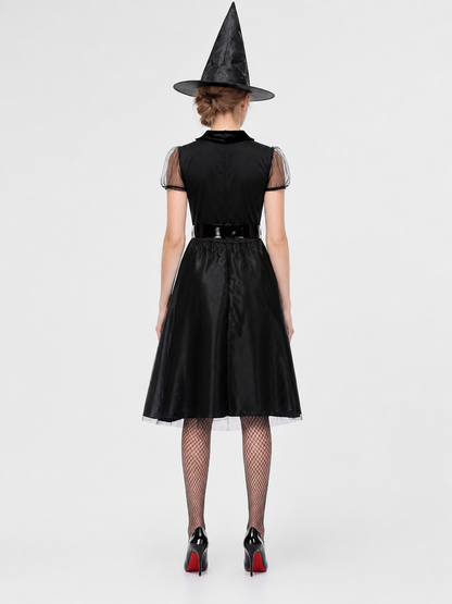 Halloween Witch Costume, Black Dress, Hat, and Belt back view