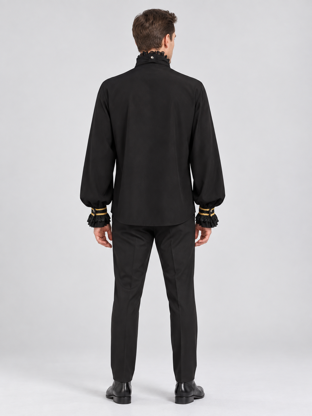 Black Shirt with Lace Ruffles and Gold Embroidery