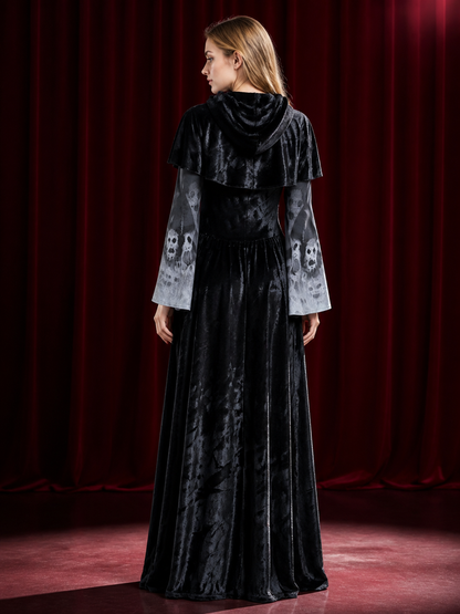 Women's Witch Costume Dress with Hooded Cape and Skull Print Bell Sleeves back view