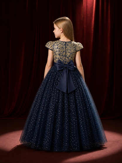 Girls' Navy Blue Princess Party Dress with Gold Embroidery, Bow, and Glitter Dot back view