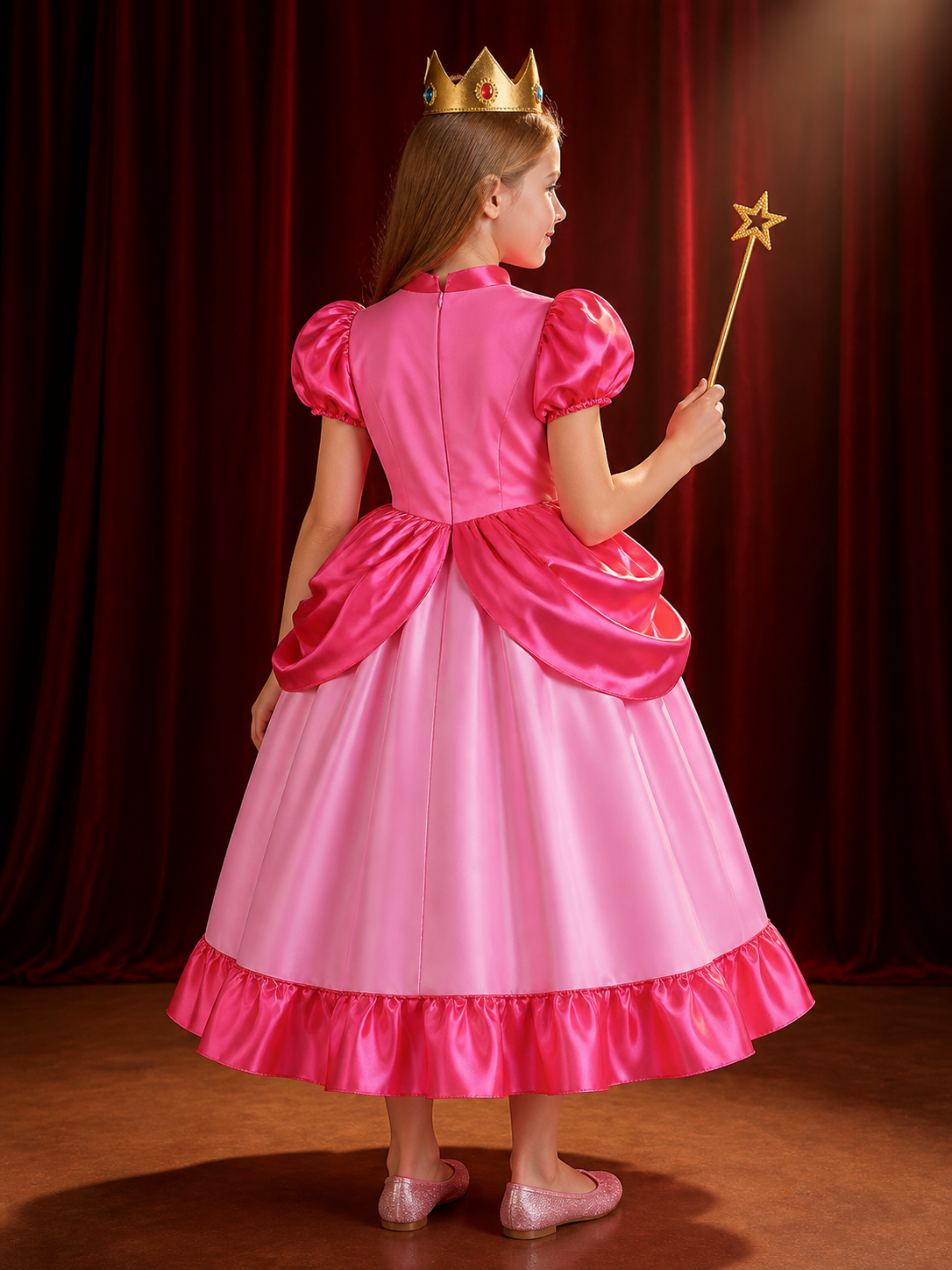 Kids Princess Costume Set With Pink Lace Ruffle Ball Gown, Crown And Star Magic back view