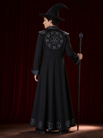 Black Witch Robe Costume Set with Pointed Wide-Brim Hat and Printed Magic back view
