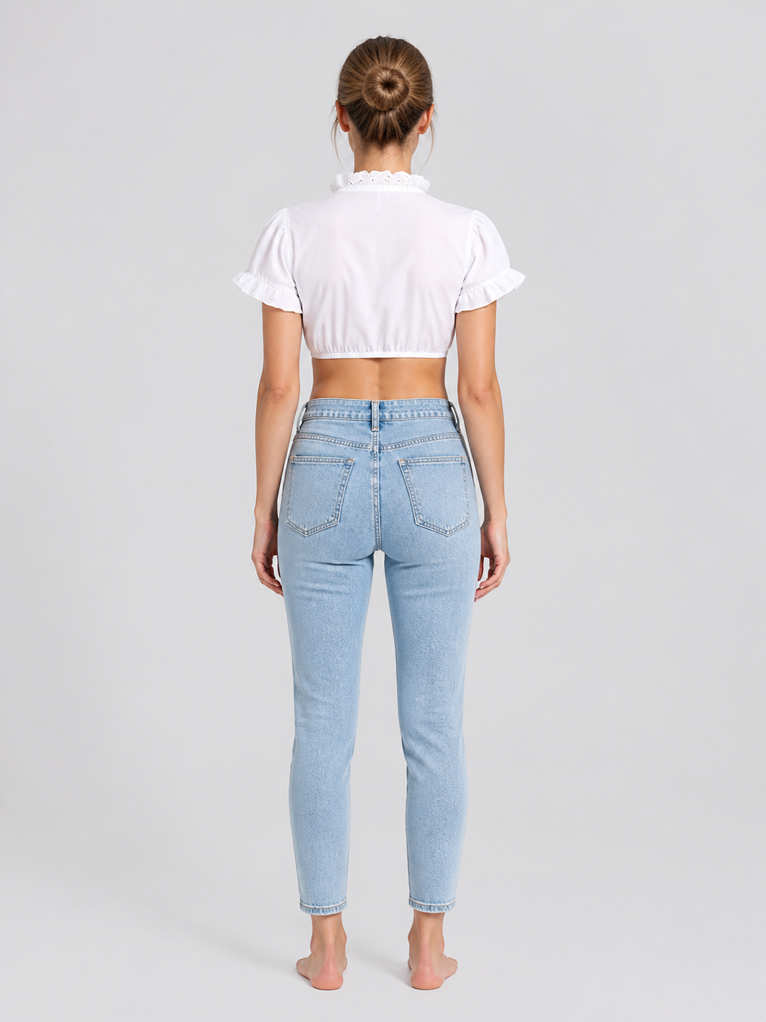 White Cropped Top with Lace Ruffles and Puff Sleeves back view