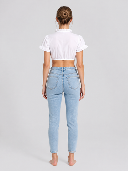 White Cropped Top with Lace Ruffles and Puff Sleeves back view