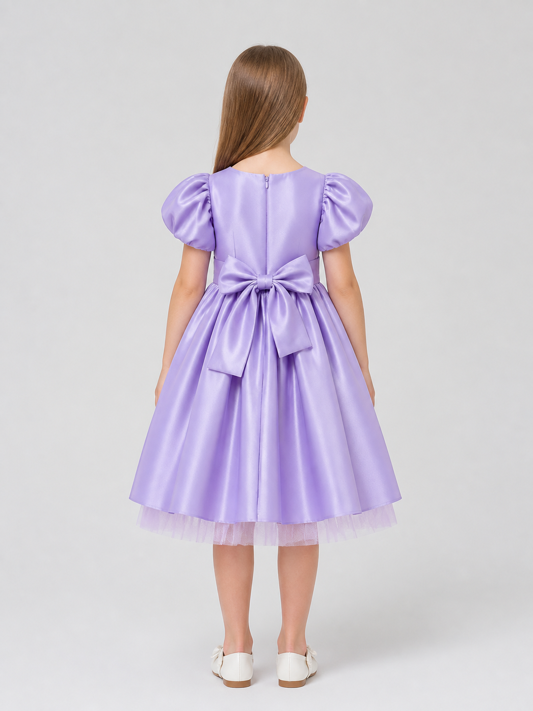 Children's Dress with Bow, Square Neckline, Full Skirt back view