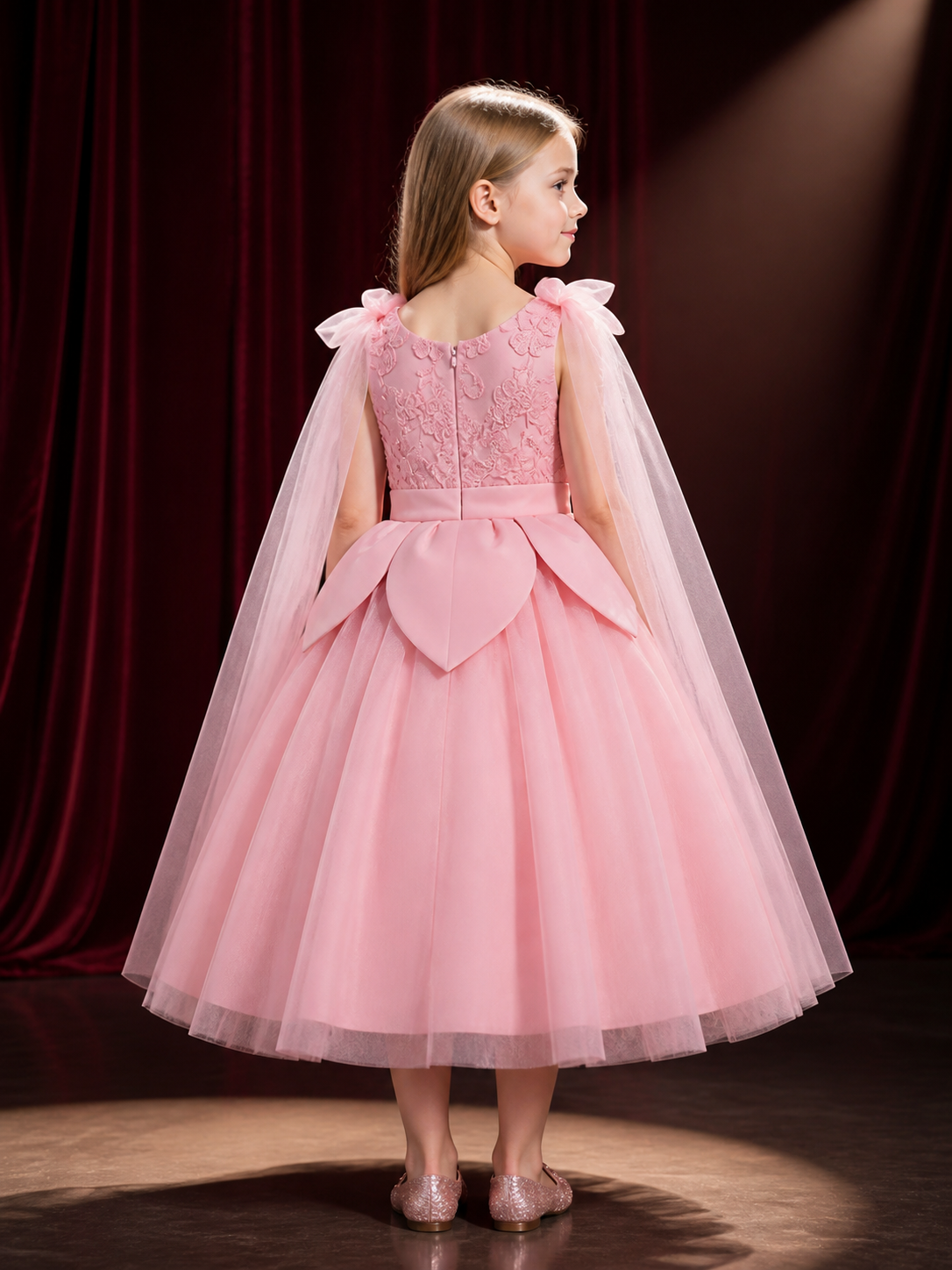 Baby Girls' Princess Flower Girl Formal Dress, Floral Lace Bodice, Layered back view
