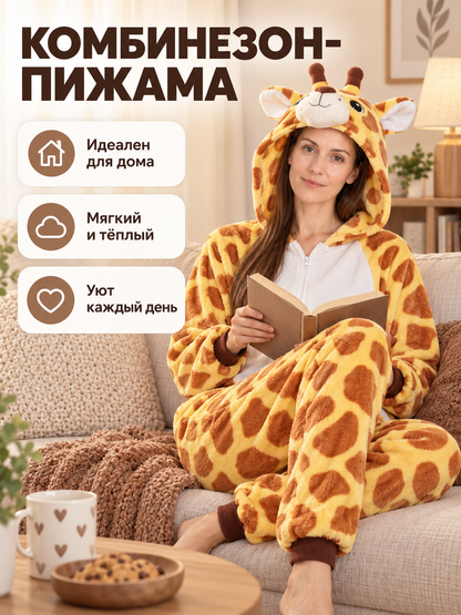 Yellow Flannel Pajama Jumpsuit with Giraffe Hood
