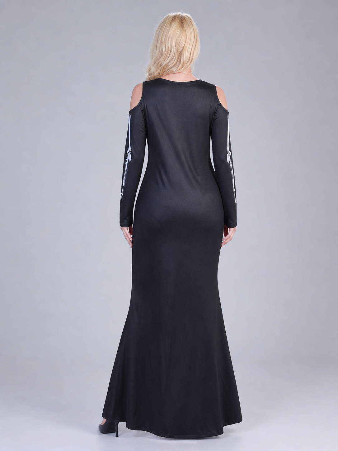 Sleeved Maxi Dress with Gothic Skeleton Print