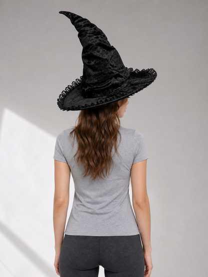 Black Halloween Witch Hat with Tall Crooked Pointed Crown, Wide Brim, Ruched Textured Velvet-Like Fabric and Lace Trim Gothic Costume Accessory for Cosplay Party Photo Shoot