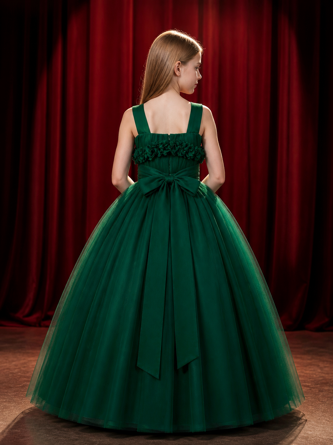 Girls' Dark Green Princess Formal Dress with Layered Tulle Skirt, Bow, and 3D back view