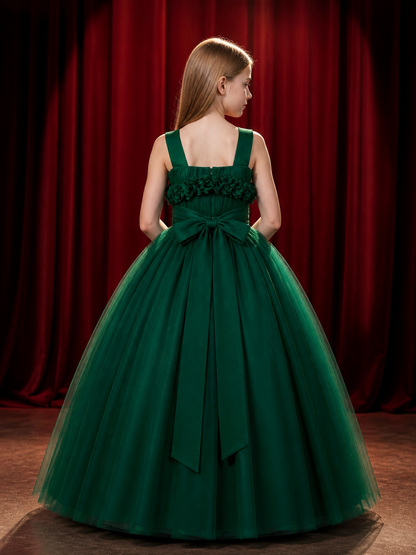 Girls' Dark Green Princess Formal Dress with Layered Tulle Skirt, Bow, and 3D back view