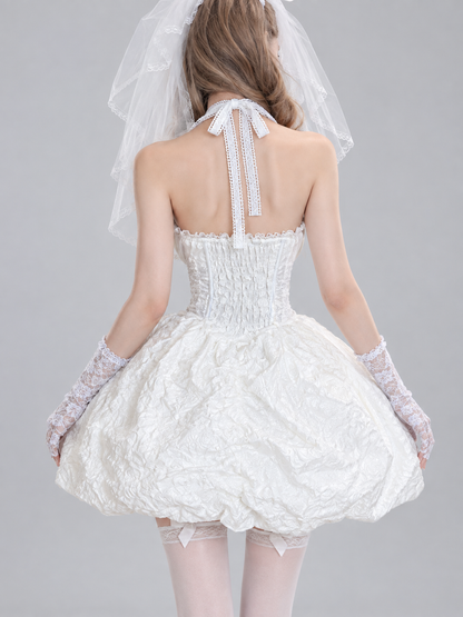 Short White Dress with Corset Bodice, Lace, and Ruffles