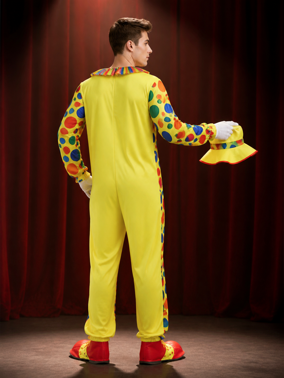 Adult Unisex Clown Jumpsuit Costume Set with Colorful Polka Dots and Ruffle back view