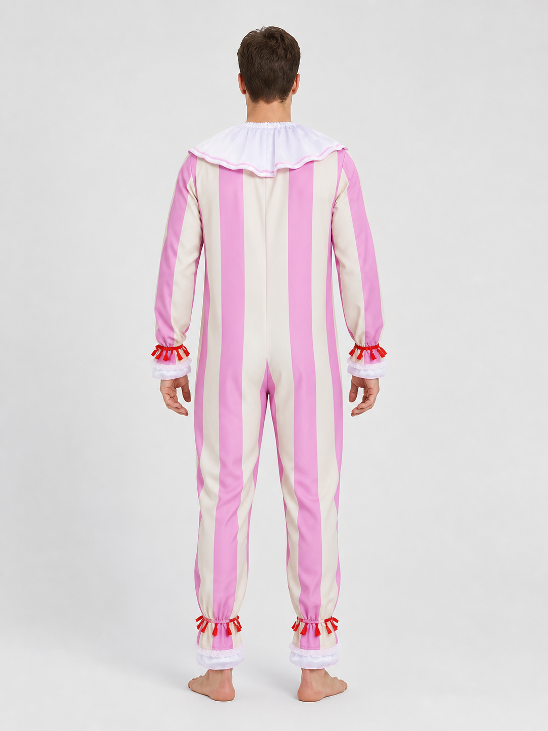 Ingrid Clown Costume, Striped Jumpsuit with Jabot back view