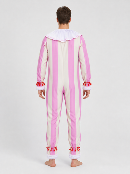 Ingrid Clown Costume, Striped Jumpsuit with Jabot back view