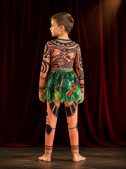 Boys Polynesian Tribal Print Bodysuit Costume with Green Leaf Skirt, Halloween back view