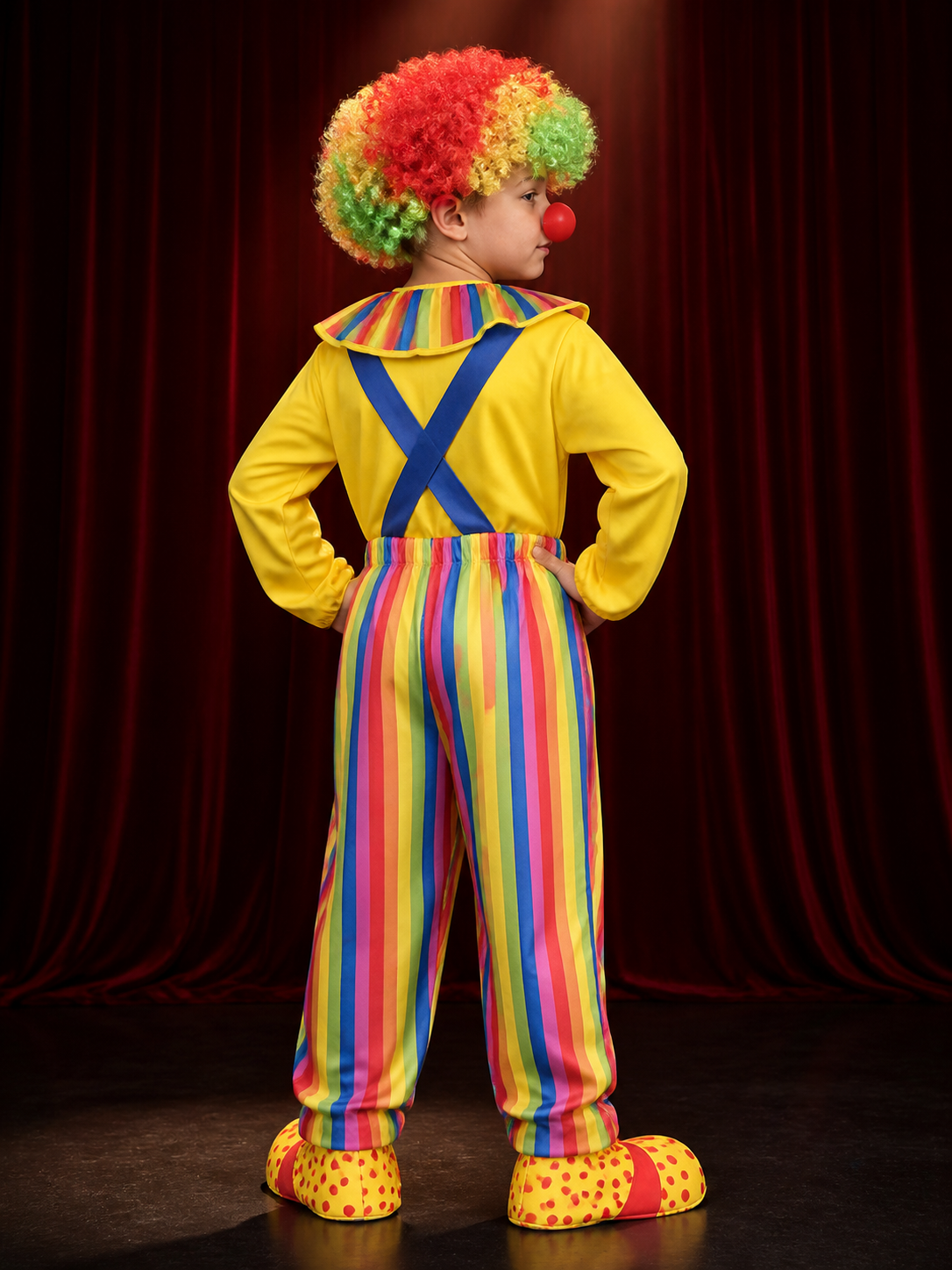 Boys' Colorful Clown Jumpsuit Costume Set with Wig, Nose and Shoe Covers back view