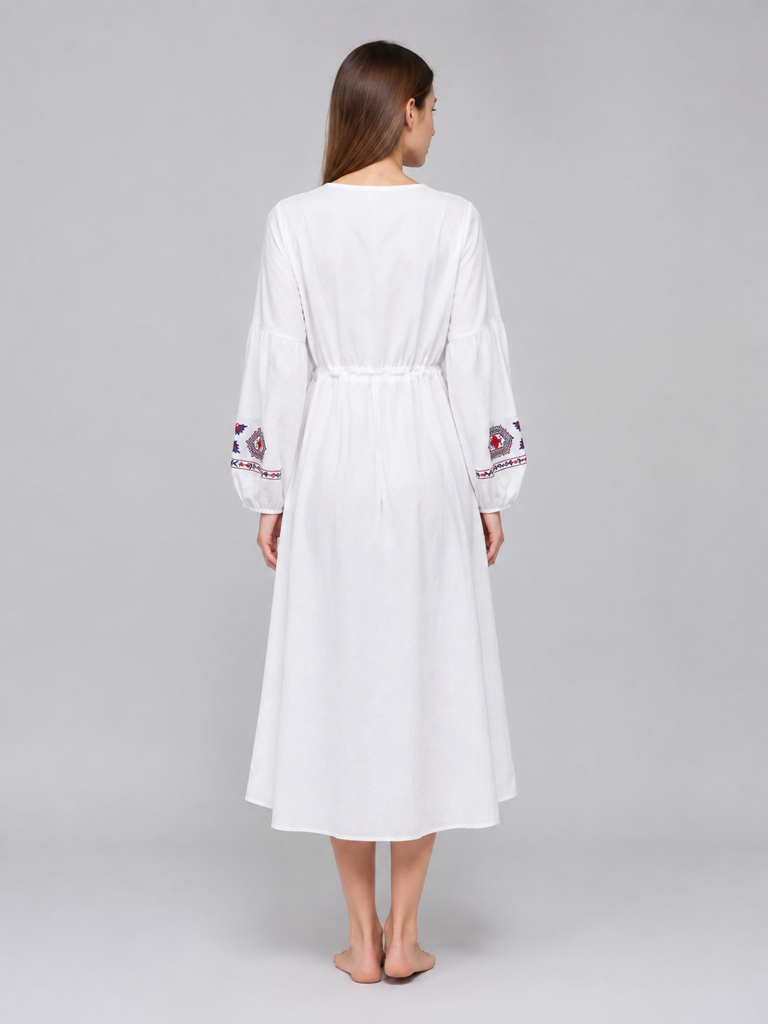 Midi Dress with Ethnic Embroidery and Tassel back view