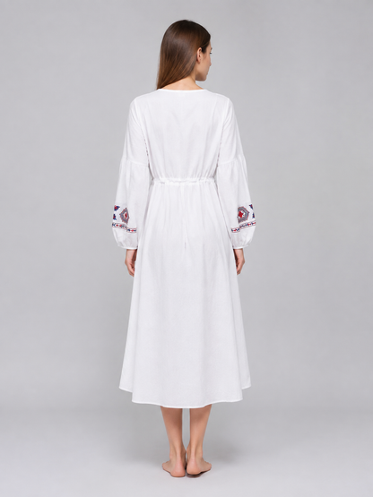 Midi Dress with Ethnic Embroidery and Tassel back view