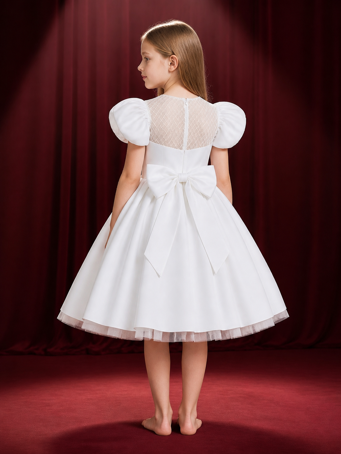 Girls' White Princess Dress With Puff Sleeves And Pleated Full Skirt back view