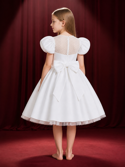 Girls' White Princess Dress With Puff Sleeves And Pleated Full Skirt back view