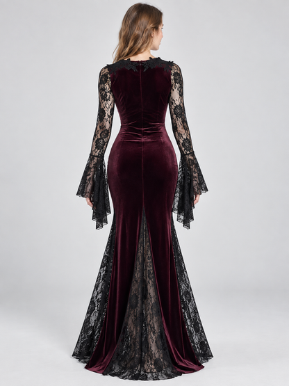 Long burgundy dress with black lace and appliqué