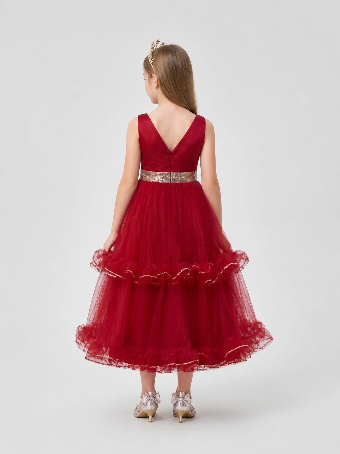 Burgundy Long Princess Dress with V-Neck for Performances