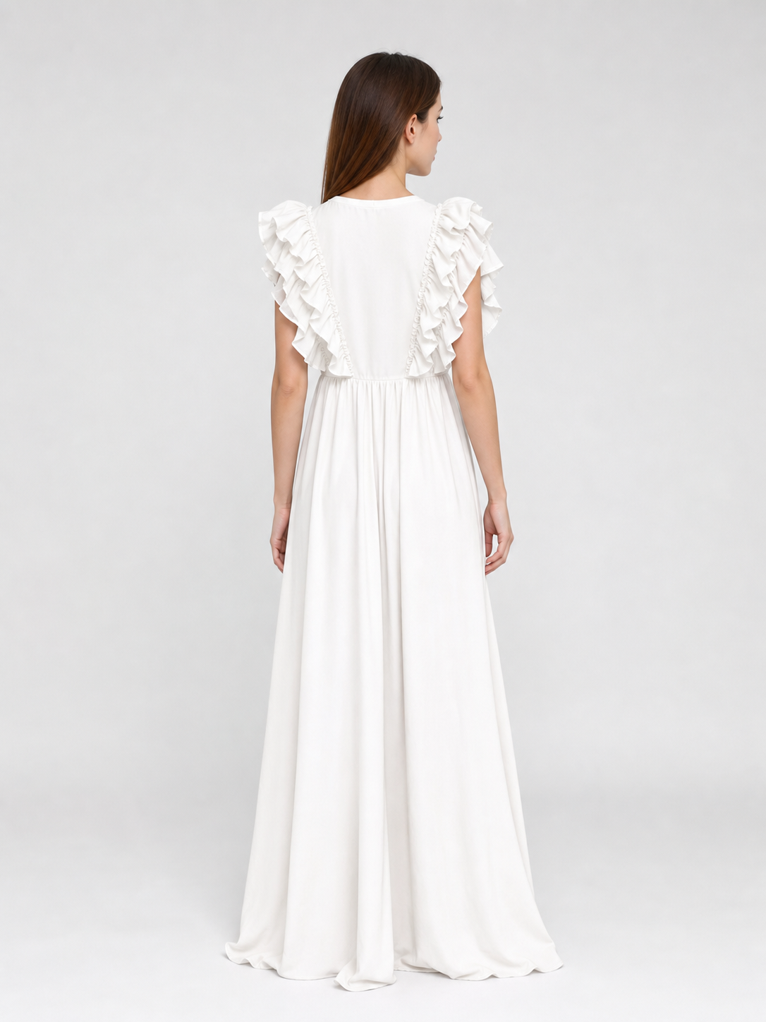 White Floor-Length Dress with a V-Neckline and Ruffled Sleeves