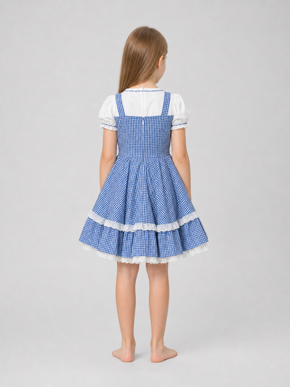 Retro-style plaid dress with socks and bows