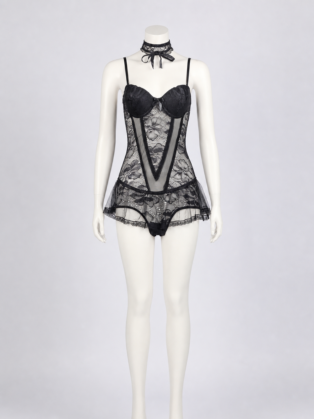 Black Lace Bodysuit with Skirt, Bows, and Ruffles back view