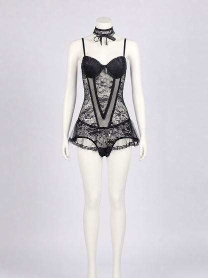 Black Lace Bodysuit with Skirt, Bows, and Ruffles back view