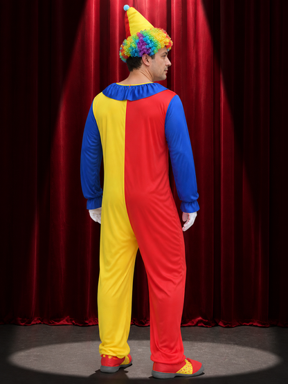 Halloween Adult Unisex Clown Costume Set with Red-Yellow Jumpsuit and Hat back view