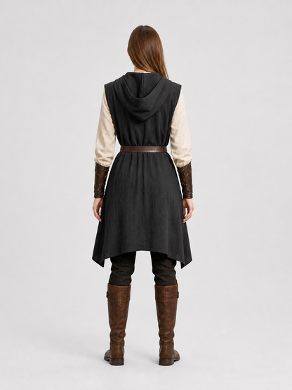Black Medieval Hooded Dress with Belt